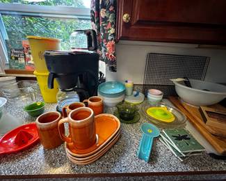 Hull orange drip glaze mugs, and plates