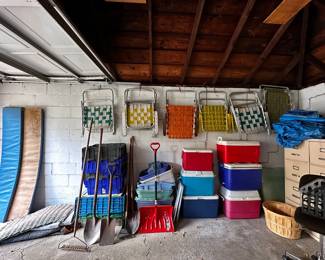 Vintage aluminum chairs, and coolers