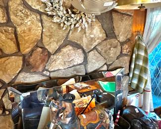 Wooden horse, solid brass elephants and pendant lamps