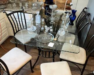 WOMNDERFUL LONG GLASS TOP TABLE w/ 6 IRON CHAIRS