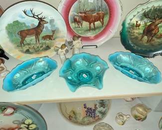 BLUE OPALESCENT DISHES "JEWEL & FAN" PATTERN