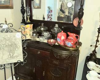 ANTIQUE SIDEBOARD w/ TALL MIRRORED BACK BOARD