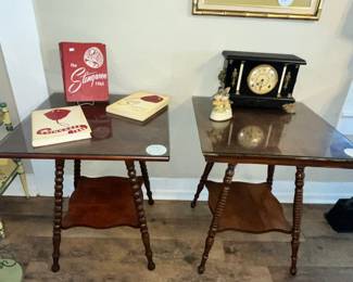 VHS ANNUALS, ANTIQUE CLOCK, PAIR ANTIQUE LAMP TABLES