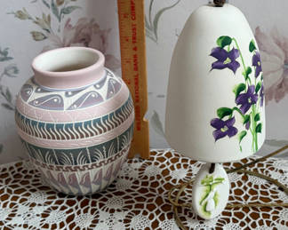 Lot 46: Vintage Hand etched Navajo pottery signed, plus a windchine