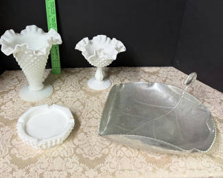 Lot 85: Hobnail Milk Glass and Hammered Alum. Tray