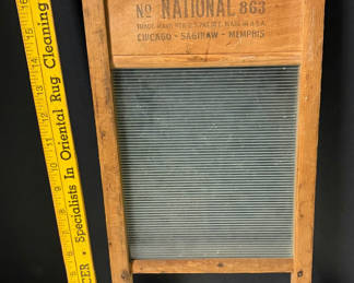 Lot 39: Vintage wooden washboard with ribbed metal scrubbing surface