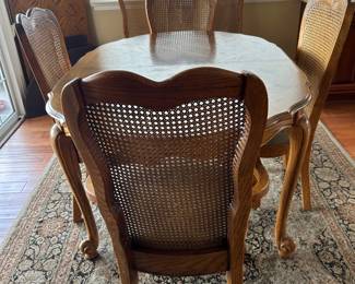 Beautiful dining table with six chairs , leaf and protective cover. 