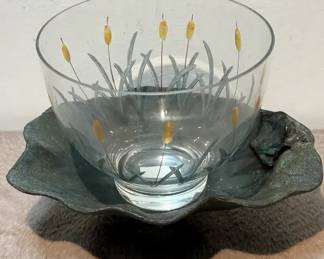 Romanian Cattail Embellished Bowl  Metal Lotus Leaf Dish With Frog 