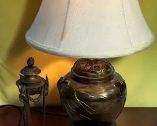 Sarreid Brass inkwell set, small decorative censer, metal letter opener  desk lamp