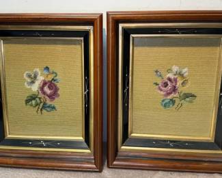 Vintage Framed Floral Needlepoint Art 