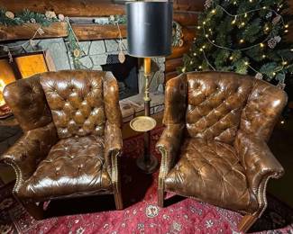 Pair of Chesterfield Style Tufted Leather Winged Chairs  Complementing Floor Lamp