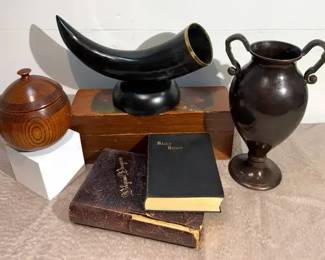 Brass Urn Vase, Wood Boxes, Vintage Books  Other Decor