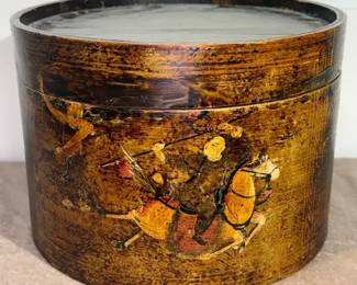 Asian Theme Painted Wood Hat Box