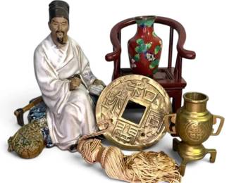 Mud Man Figurine, Feng Shui coin, Cloisonne Vase  Other Items