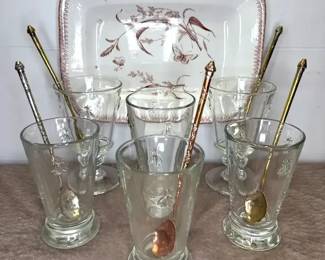 La Rochere French Bee Glasses, Iced Tea Spoons  T.  R. Boote Ceramic Tray