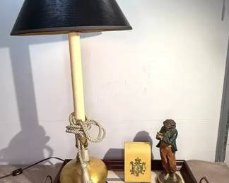 Candlestick Table Lamp, Chalkware Figurine, Lidded Box  Serving Tray