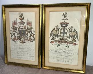 Antique Hand Colored Coat of Arms Duo