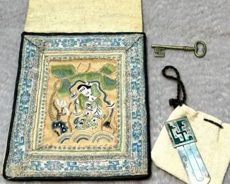 Antique Chinese Textile Pouch, Taxco Sterling Book Mark  Small Key