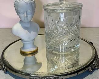 Crystal Lidded Jar, Small Ceramic Bust  Mirrored Tray