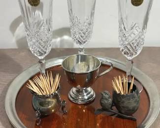 Revere Pewter Wrapped Tray  Crystal Champagne Glasses