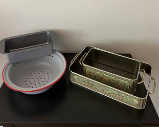 Lot 18: Vintage Pyrex Casserole Holders, Enamel Strainer, Calaphon Loaf Pan