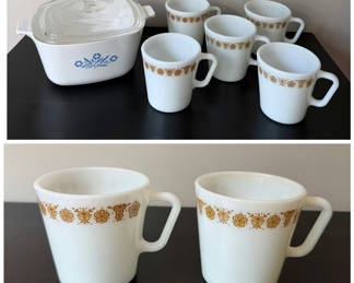 Lot 19: Pyrex Butterfly Gold Mugs & Corning Cornflower Casserole