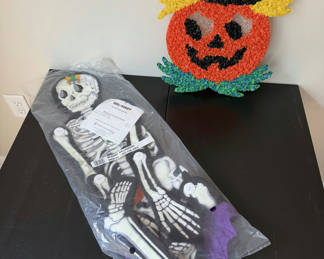 Lot 37: Vintage Halloween Skeleton Wall Hanging (Glows In Dark) & Popcorn Jack O’Lantern