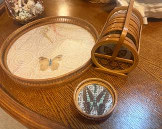 Vintage Bamboo and Butterfly Tray and coasters