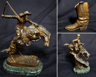 2 Western Cowboy Bronze Sculptures plus a Cowboy Boot Figurine