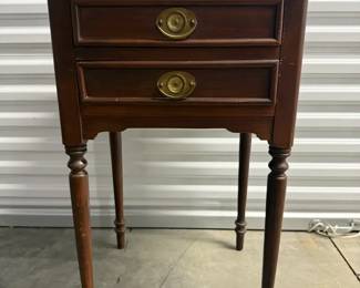 Vintage Dark Wood TwoDrawer Side Table with Brass Pulls