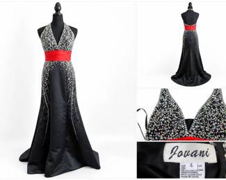 Jovani Black Red Beaded Formal Gown Size 4 Rhinestone Bodice Satin Skirt