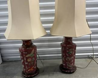 Pair of Vintage Asian Style Red Floral Butterfly Table Lamps