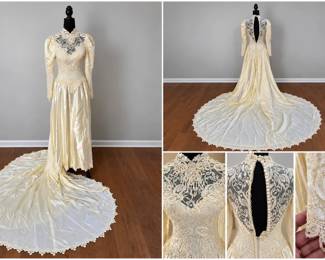 Vintage 1980s Ivory Wedding Gown Beaded Lace, High Neck Cathedral Train
