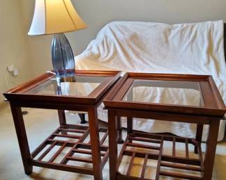 Matching Wood and Glass Insert End Tables with Blue Glass Table Lamp