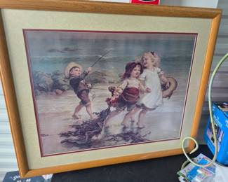  large framed vintage art print titled "Sea Horses" by the well-known Victorian-era English genre painter Frederick Morgan $45