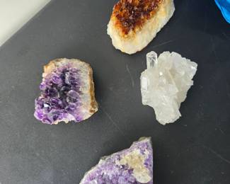 Citrine Crystal Cluster (Top) $15,Clear Quartz Crystal Point Cluster (Middle Right) $18, Smaller Amethyst Cluster Slab (Middle Left) $15, Large Amethyst Geode Section (Bottom) $ 30 