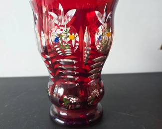 vintage Egermann Bohemian Ruby Red Cut-to-Clear Art Glass Vase $30