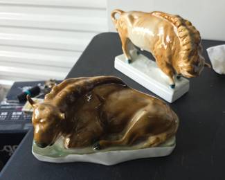 vintage Zsolnay Pécs Hand-Painted Porcelain Wisent (European Bison/Bull) Figurines, made in Hungary. Standing bison $50 sitting bison $25