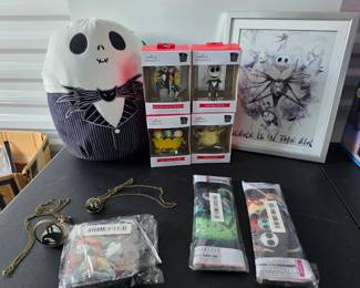 Hallmark Keepsake & Series Ornaments (In Boxes) $5 each,Jack Skellington Squishmallow Plush $10,  "Scare is in the Air" Framed Silhouette Print $8