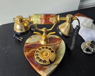 vintage Italian multi-tone onyx marble and brass rotary telephone from the 1970s Hollywood Regency $45 