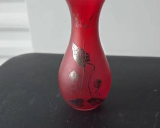 vintage Bohemian Matte Satin Ruby Red / Cranberry Glass Bud Vase with a Silver Overlay Lotus / Lily Pad Motif $15