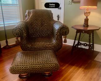 McKenzie Childs woven lounge chair and ottoman with painted and fired terracotta ball feet