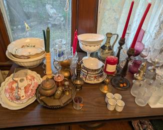 CHINA and GLASSWARE and SILVER: Vintage Victorian, Lenox, Johnson Brothers, Royal Windsor, Johann Seltmann, Princess House, Fiesta, Fenton, milk glass, hobnail, Gorham, International, Meridian, Red Wing, Sheffield, early America pattern glass, Anchor Hocking, Mikasa, American Brillant Period, Carnival glass, Royal Crown Derby, Arcoroc, Candlewick, Imperial Glassware, Bohemian glass, several large sets, cute salt and pepper shakers (including silver), candle stick holders, coffee sets, tea sets, flatware (stainless and silver and Coca-Cola), strawberry sets, snack sets, and more!