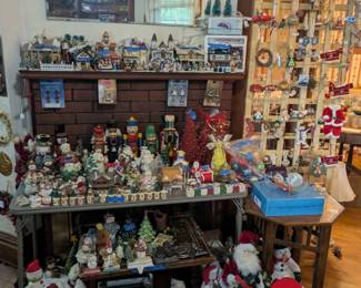 CHRISTMAS DÉCOR: Christmas village (ceramic and resin), including “It’s a Wonderful Life” house and family, Nutcrackers, Snowmen, door hangings, stockings and hangers, ornaments, table settings & kitchen items, matching bathroom décor set from Lenox, all from brand names including Lenox, Avon, Department 56, Dayton’s, Hallmark, and more!