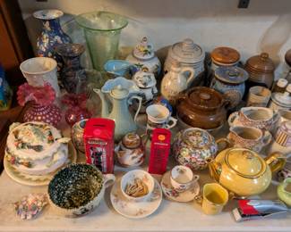 CHINA and GLASSWARE and SILVER: Vintage Victorian, Lenox, Johnson Brothers, Royal Windsor, Johann Seltmann, Princess House, Fiesta, Fenton, milk glass, hobnail, Gorham, International, Meridian, Red Wing, Sheffield, early America pattern glass, Anchor Hocking, Mikasa, American Brillant Period, Carnival glass, Royal Crown Derby, Arcoroc, Candlewick, Imperial Glassware, Bohemian glass, several large sets, cute salt and pepper shakers (including silver), candle stick holders, coffee sets, tea sets, flatware (stainless and silver and Coca-Cola), strawberry sets, snack sets, and more!
