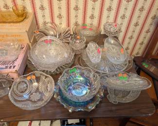 CHINA and GLASSWARE and SILVER: Vintage Victorian, Lenox, Johnson Brothers, Royal Windsor, Johann Seltmann, Princess House, Fiesta, Fenton, milk glass, hobnail, Gorham, International, Meridian, Red Wing, Sheffield, early America pattern glass, Anchor Hocking, Mikasa, American Brillant Period, Carnival glass, Royal Crown Derby, Arcoroc, Candlewick, Imperial Glassware, Bohemian glass, several large sets, cute salt and pepper shakers (including silver), candle stick holders, coffee sets, tea sets, flatware (stainless and silver and Coca-Cola), strawberry sets, snack sets, and more!