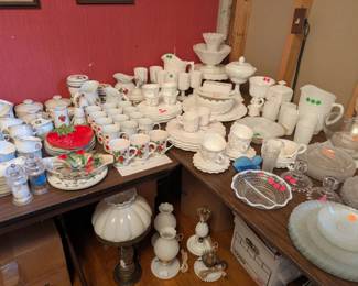 CHINA and GLASSWARE and SILVER: Vintage Victorian, Lenox, Johnson Brothers, Royal Windsor, Johann Seltmann, Princess House, Fiesta, Fenton, milk glass, hobnail, Gorham, International, Meridian, Red Wing, Sheffield, early America pattern glass, Anchor Hocking, Mikasa, American Brillant Period, Carnival glass, Royal Crown Derby, Arcoroc, Candlewick, Imperial Glassware, Bohemian glass, several large sets, cute salt and pepper shakers (including silver), candle stick holders, coffee sets, tea sets, flatware (stainless and silver and Coca-Cola), strawberry sets, snack sets, and more!