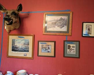 WALL HANGINGS: boar mounts, antler mounts, signed wild life prints, Huldah & Renoir vintage prints, snowmen, welcome signs, and so much more!
