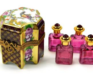 007 lot0005 Limoges France Perfume Casket Porcelain Trinket Box 4 Amethyst Glass Bot