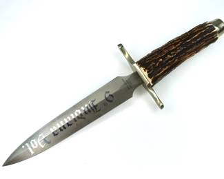 099 lot0706 German Germany Stiletto Engraved Damascus Blade INDIANA Stag Fighting Kn
